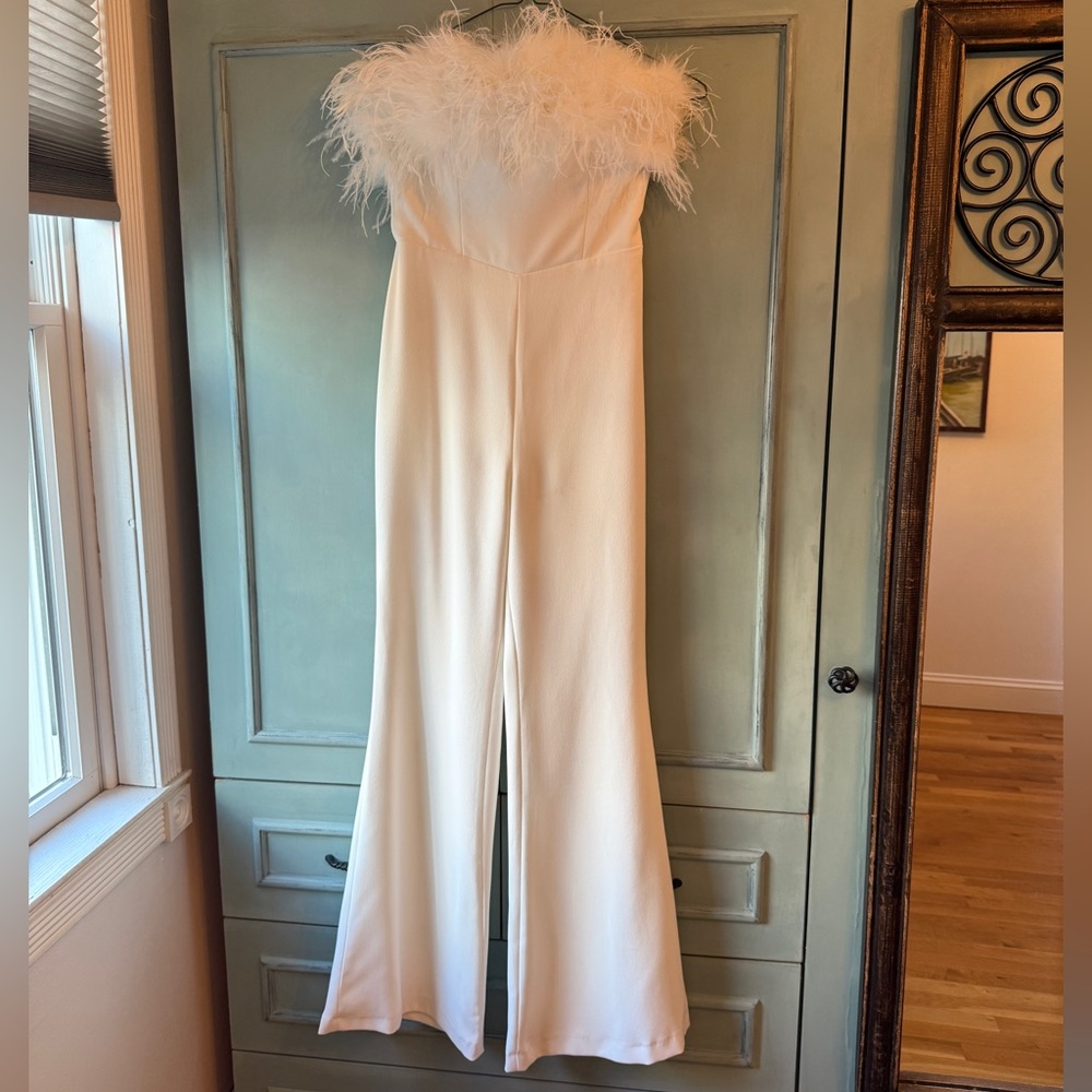 NADINE MERABI White Feather Strapless Jumpsuit - Picture 10 of 13